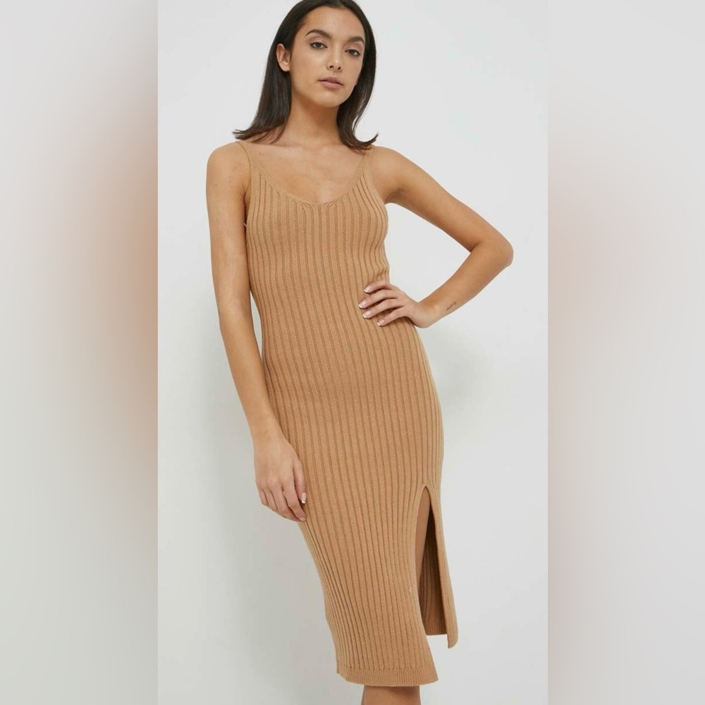HOLLISTER Tan Ribbed Bodycon Midi Dress